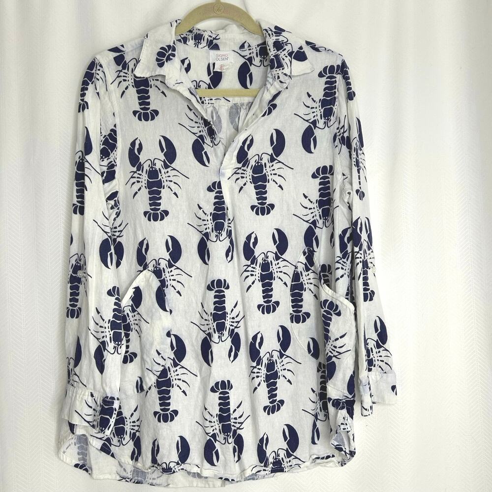 Sigrid Olsen lobster print top linen blend tunic long sleeve, size L
